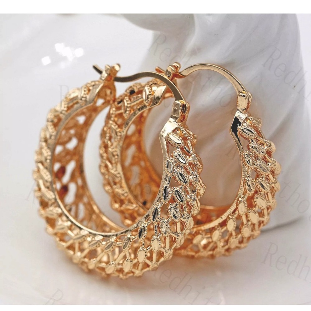 Gold Filled Earrings Hollow Reticulation Dangle - Picture 3 of 5